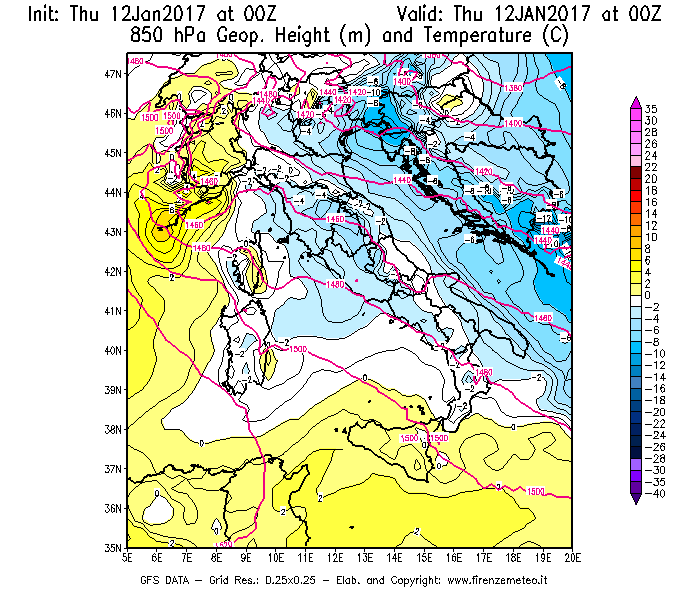Mappe meteo sinottiche nevicata a Firenze del 12/01/2017