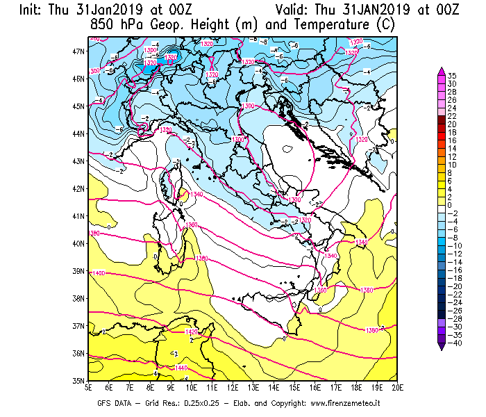 Mappe meteo sinottiche nevicata a Firenze del 31/01/2019