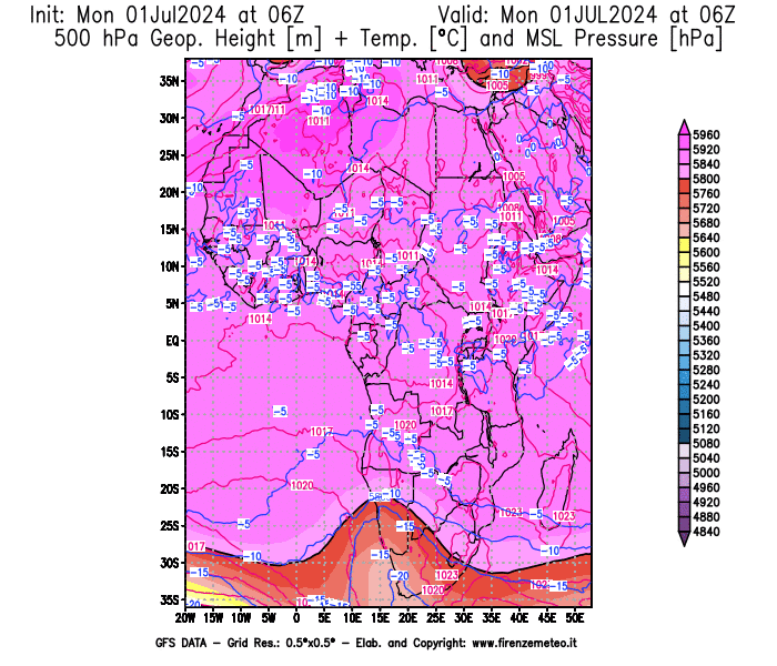 mappa meteo GFS Geopotenziale + Temperatura 500 hPa e Pressione 