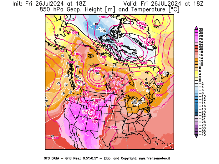 weather map GFS Geopotential and Temperature at 850 hPa, 