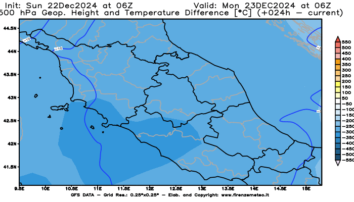 mappa meteo GFS Variazione Geopotenziale e Temperatura a 500 hPa 