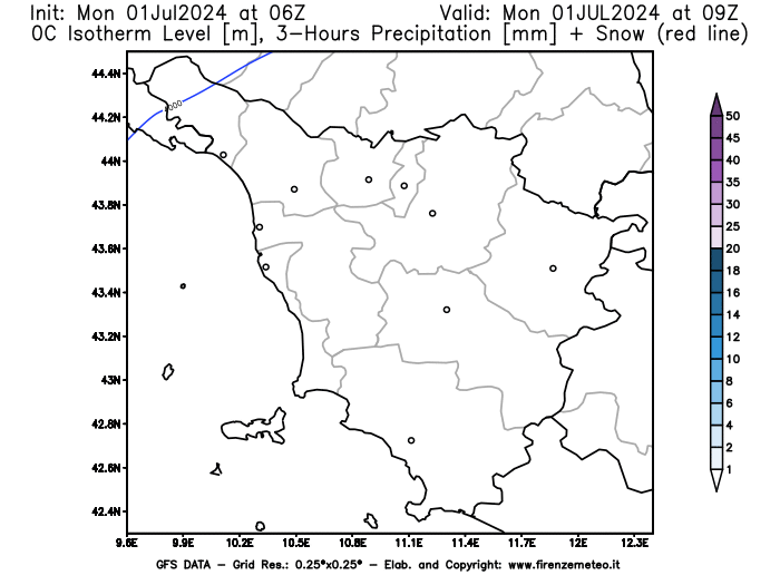mappa meteo GFS Quota Zero Termico, Pioggia, Neve 