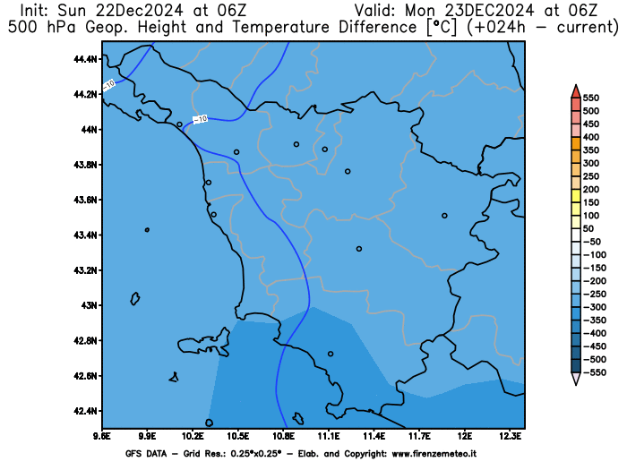 mappa meteo GFS Variazione Geopotenziale e Temperatura a 500 hPa 