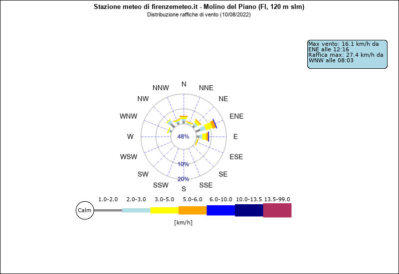 grafico distribuzione direzione raffica a Molino del Piano in provincia di Firenze