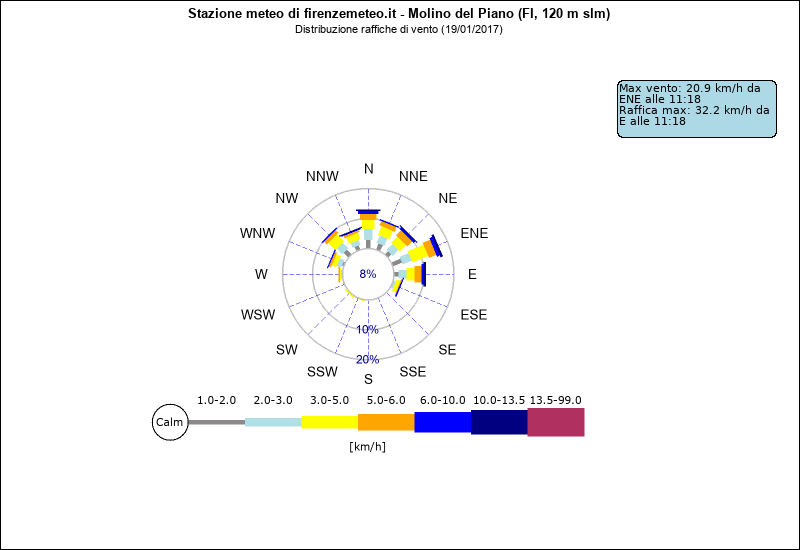 grafico distribuzione direzione raffica a Molino del Piano in provincia di Firenze