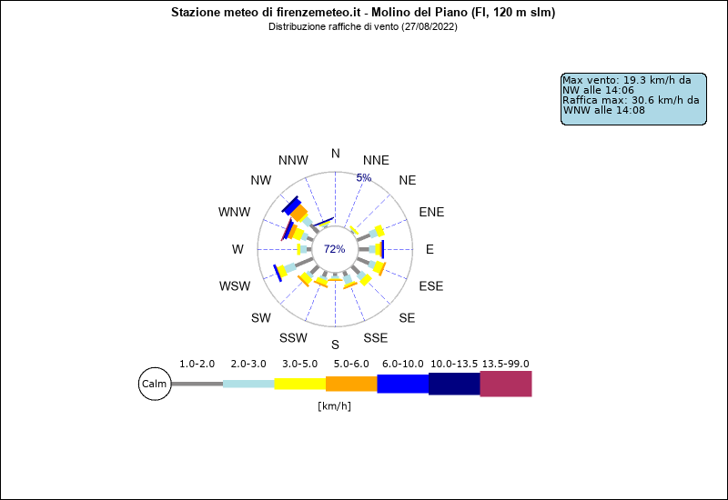 grafico distribuzione direzione raffica a Molino del Piano in provincia di Firenze