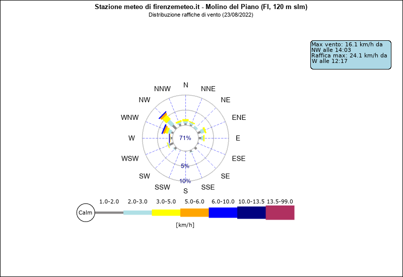 grafico distribuzione direzione raffica a Molino del Piano in provincia di Firenze