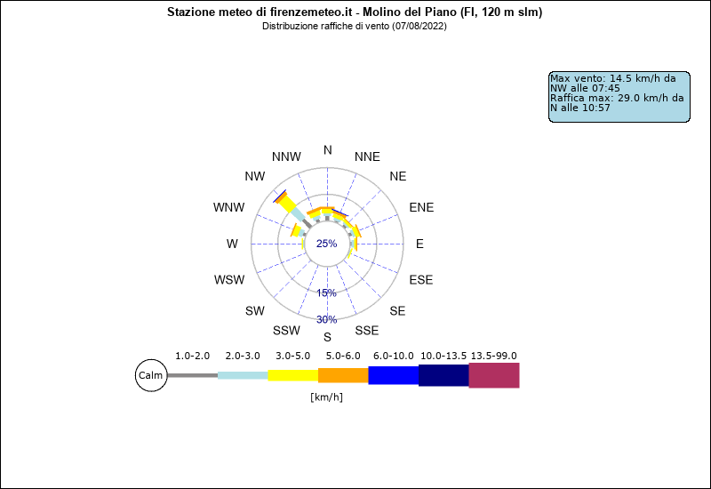 grafico distribuzione direzione raffica a Molino del Piano in provincia di Firenze