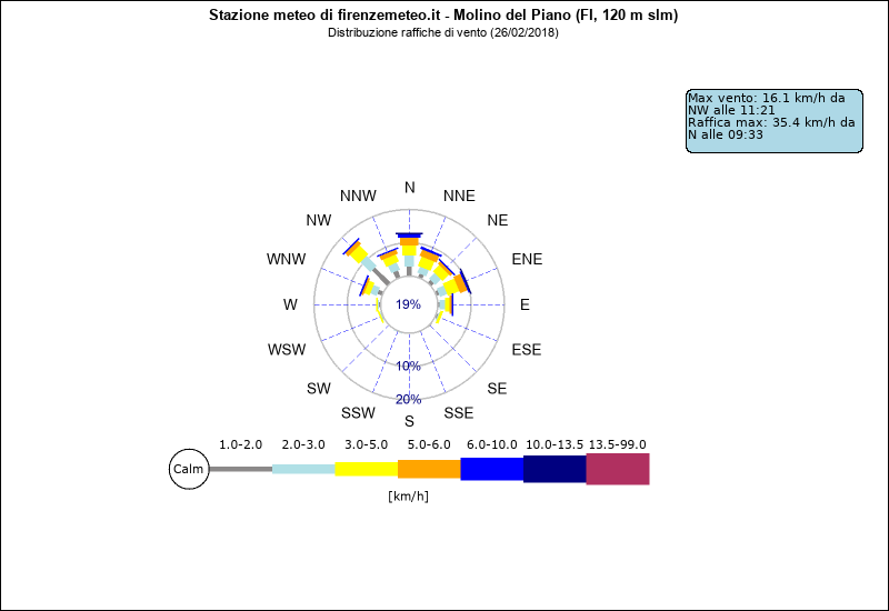 grafico distribuzione direzione raffica a Molino del Piano in provincia di Firenze