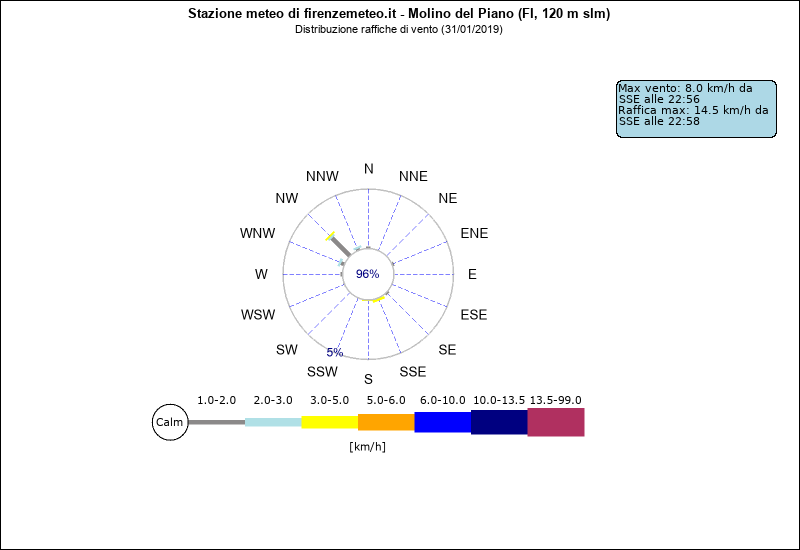 grafico distribuzione direzione raffica a Molino del Piano in provincia di Firenze