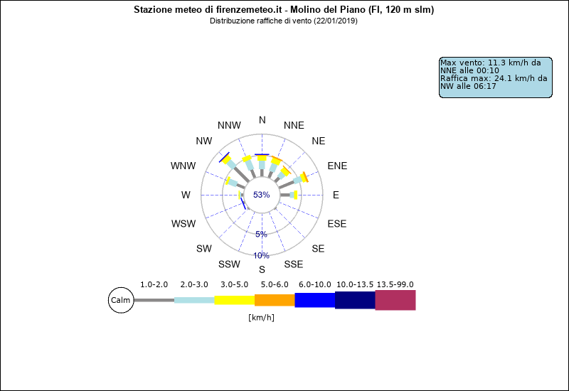 grafico distribuzione direzione raffica a Molino del Piano in provincia di Firenze